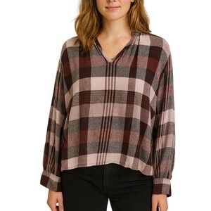 Madewell Boho Plaid Top Women's Small Long Sleeve Burgundy Pink V‎ Neck Blouse